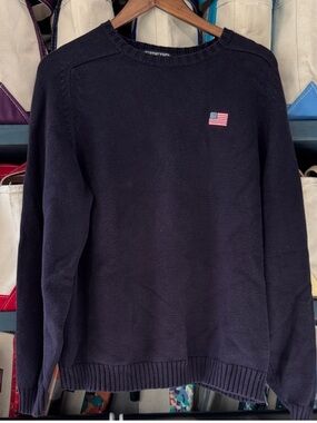 Lands' End Navy Crewneck Sweater with Embroidered Flag